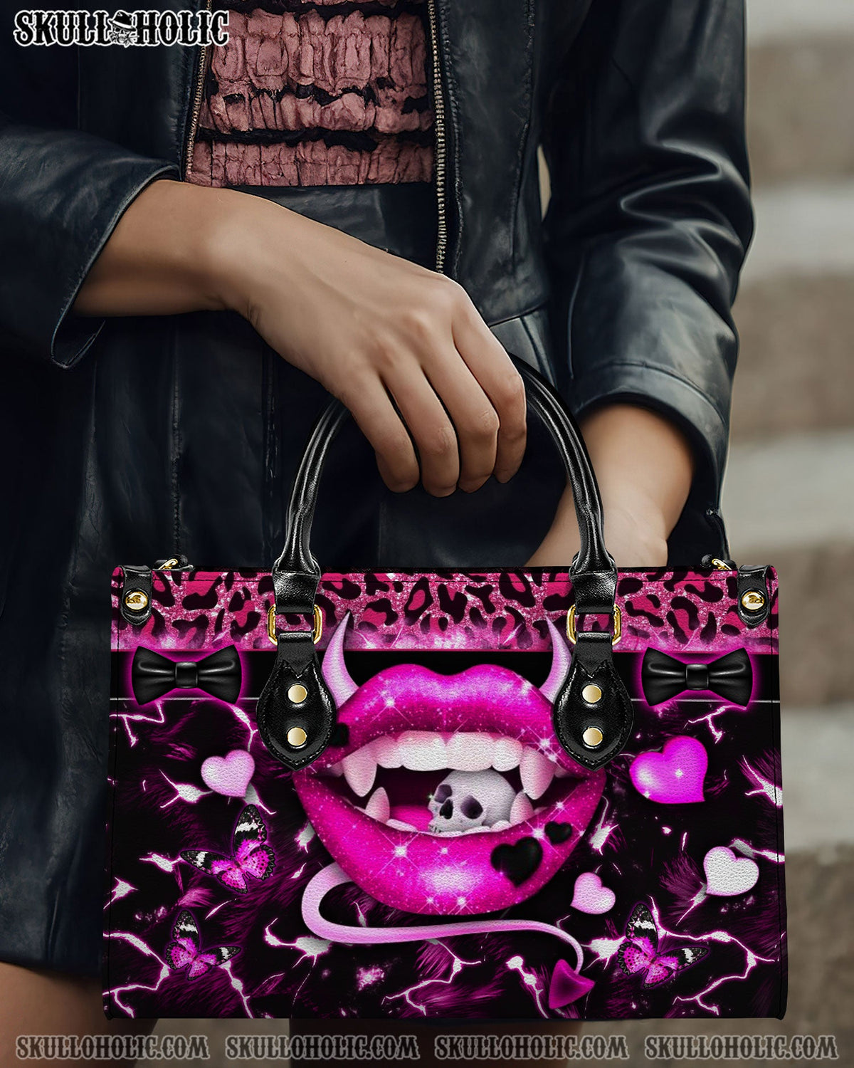 BLISSCORNERS PINK EVIL LIPS LEATHER HANDBAG