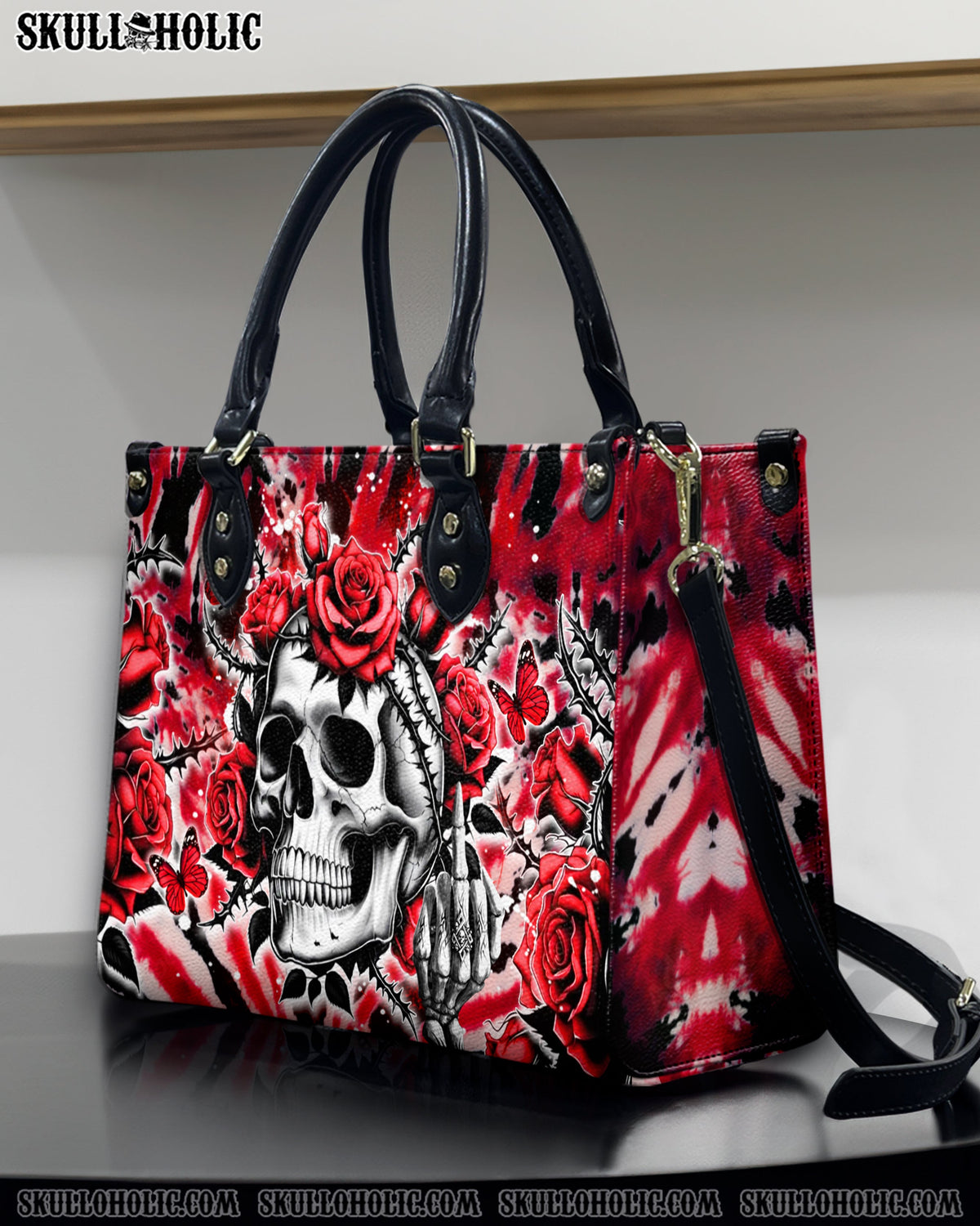 BLISSCORNERS SKULL ROSES TIE DYE LEATHER HANDBAG