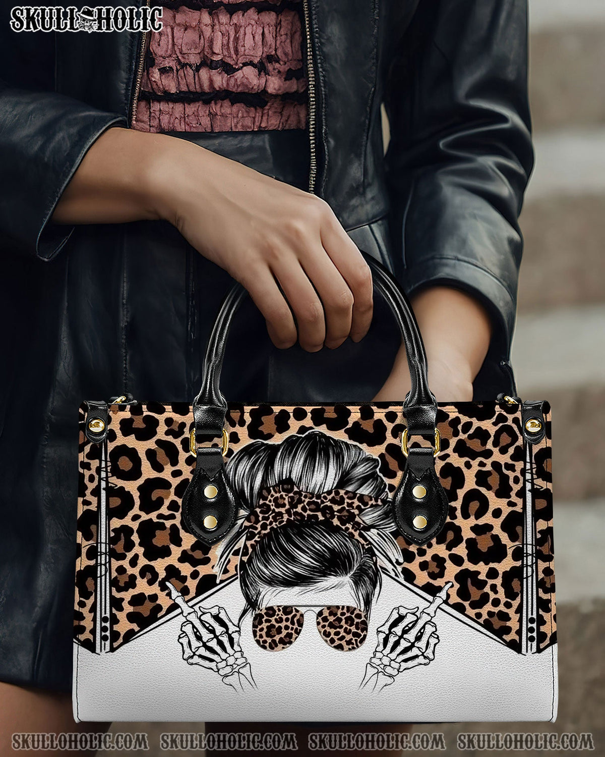 BLISSCORNERS MESSY BUN SKULL LEOPARD LEATHER HANDBAG