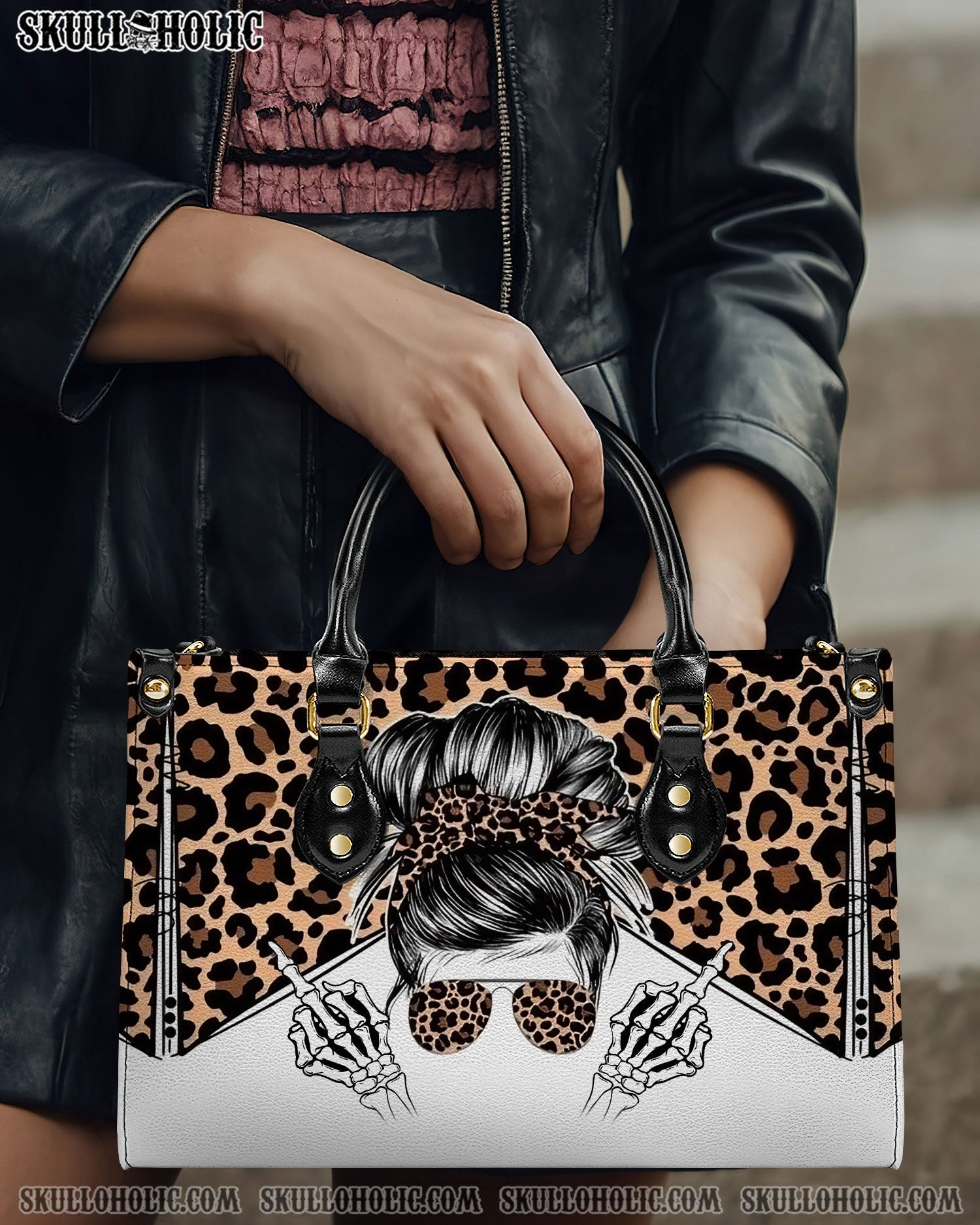 BLISSCORNERS MESSY BUN SKULL LEOPARD LEATHER HANDBAG