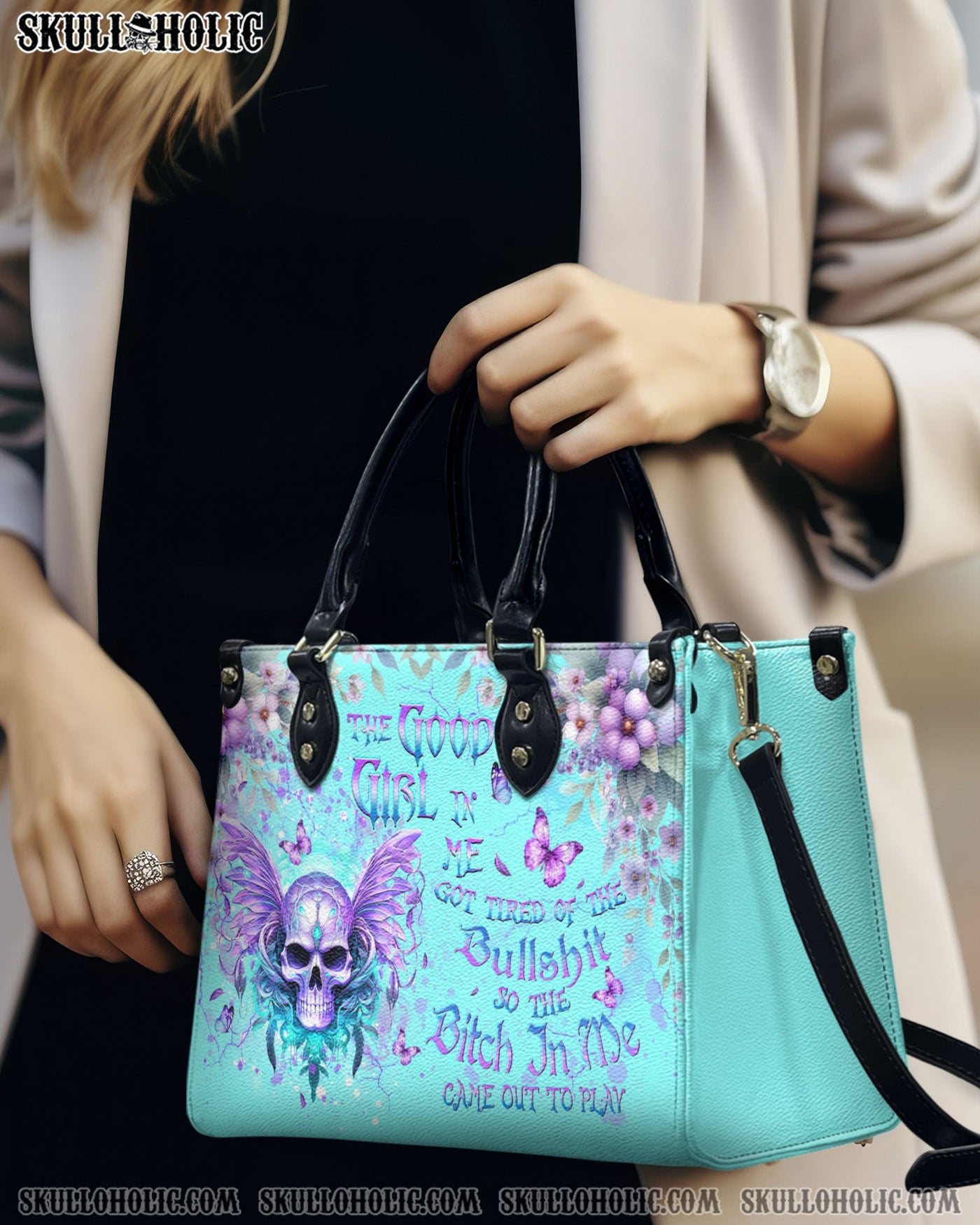 BLISSCORNERS THE GOOD GIRL IN ME SKULL WINGS LEATHER HANDBAG
