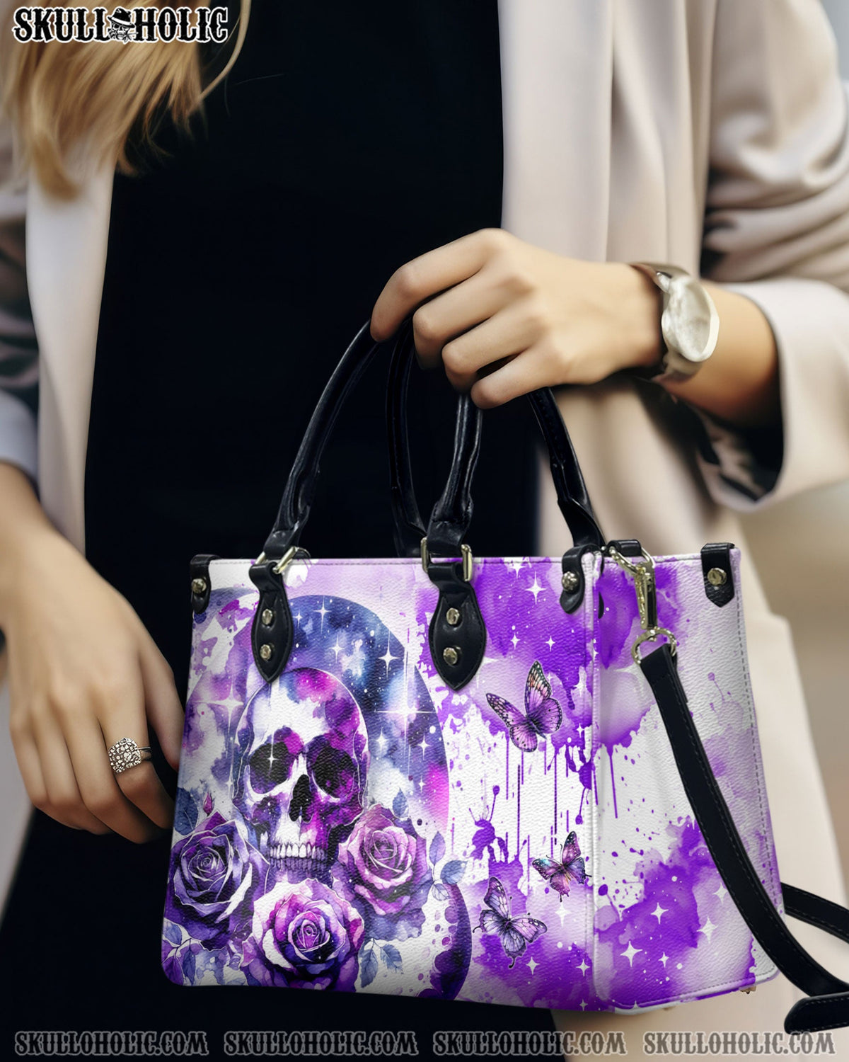 BLISSCORNERS PURPLE SKULL ROSE LEATHER HANDBAG