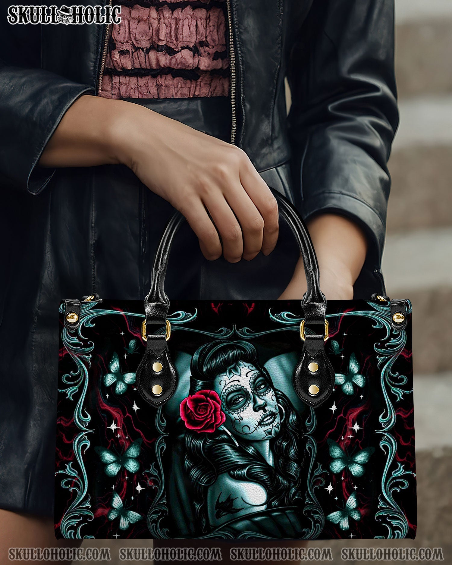 BLISSCORNERS SKULL LADY ROSE LEATHER HANDBAG