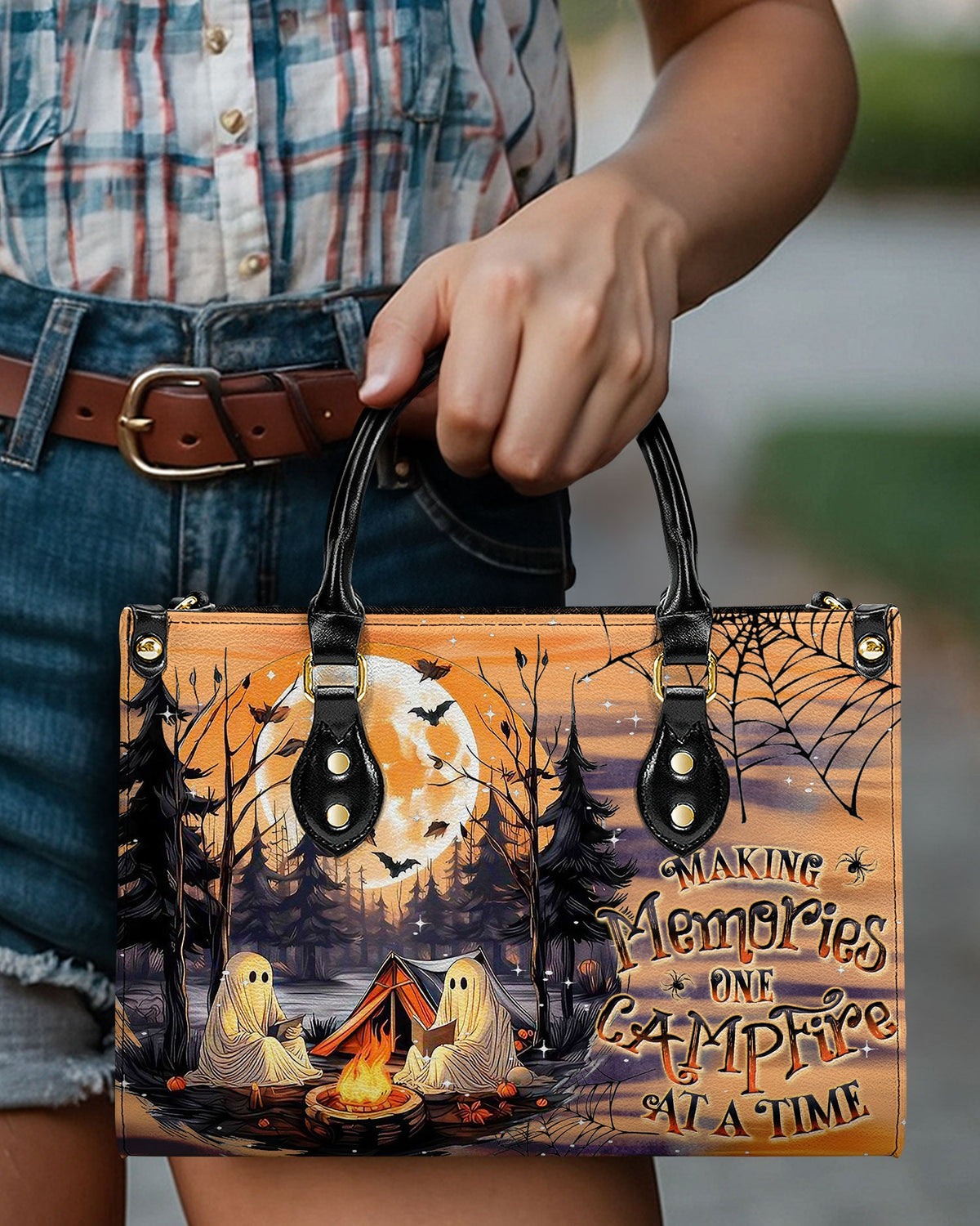 BLISSCORNERS MAKING MEMORIES ONE CAMPFIRE HALLOWEEN LEATHER HANDBAG