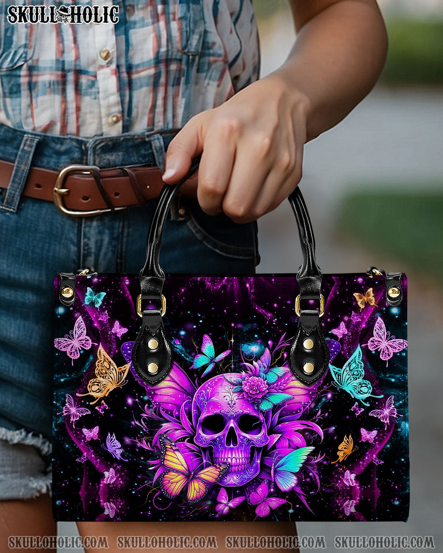 BLISSCORNERS SKULL BUTTERFLIES LEATHER HANDBAG