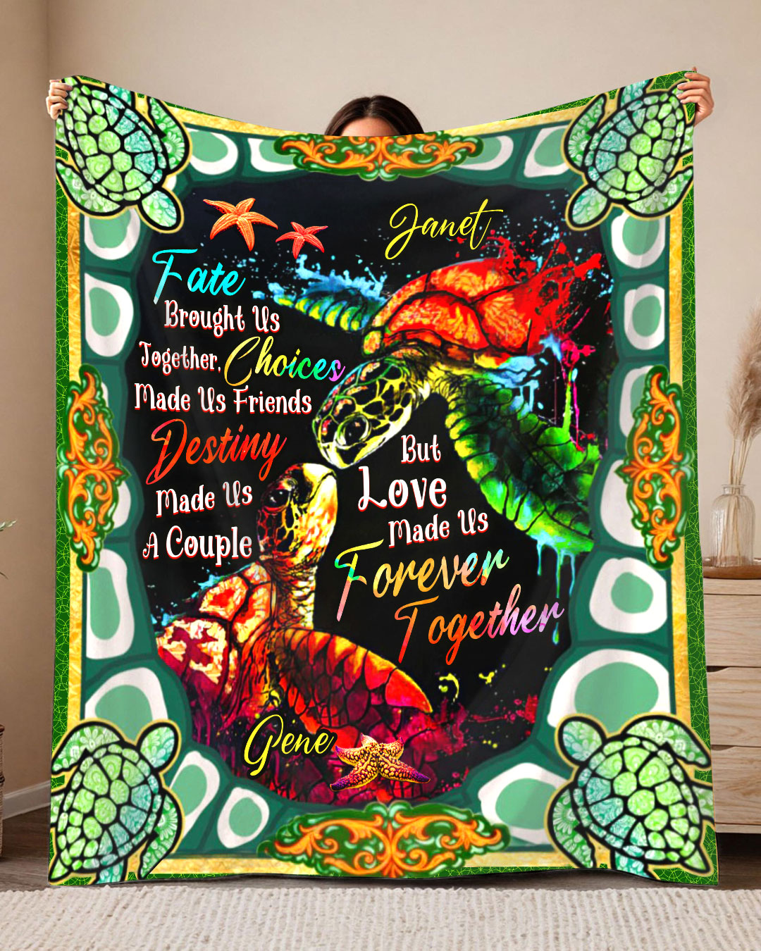 BLISSCORNERS PERSONALIZED LOVE MADE US FOREVER TOGETHER COUPLE TURTLE FLEECE BLANKET