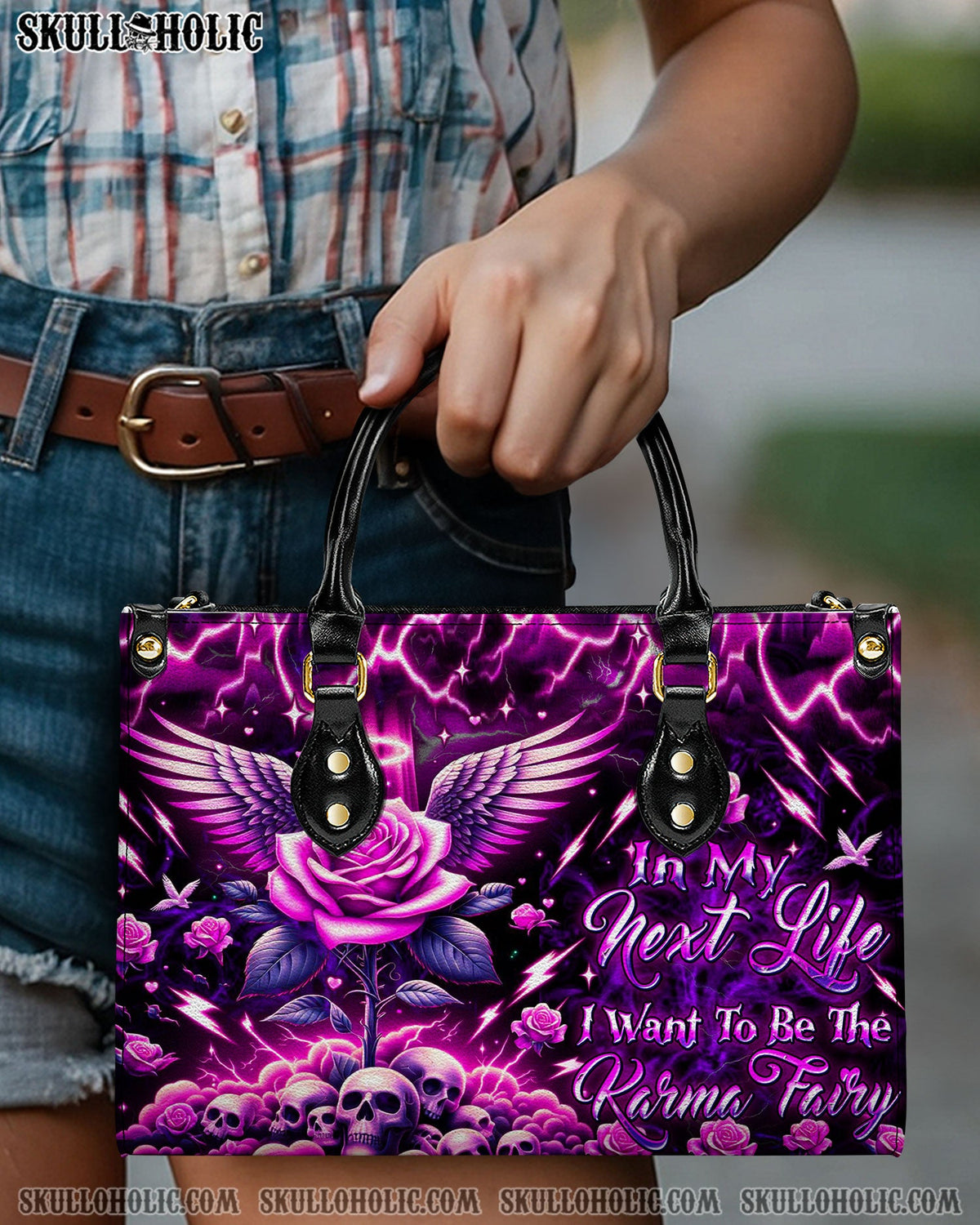BLISSCORNERS KARMA FAIRY SKULL ROSE WINGS LEATHER HANDBAG