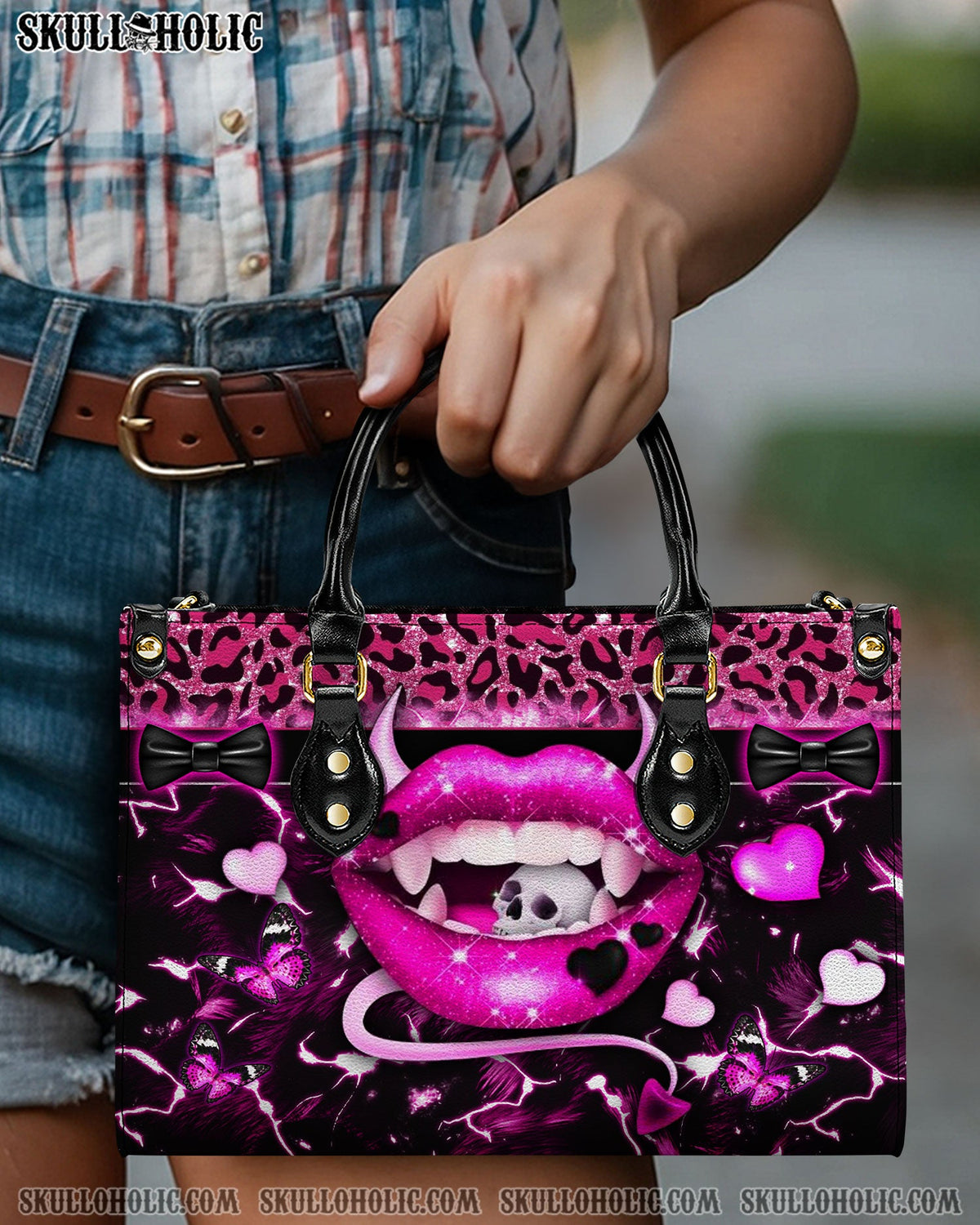 BLISSCORNERS PINK EVIL LIPS LEATHER HANDBAG