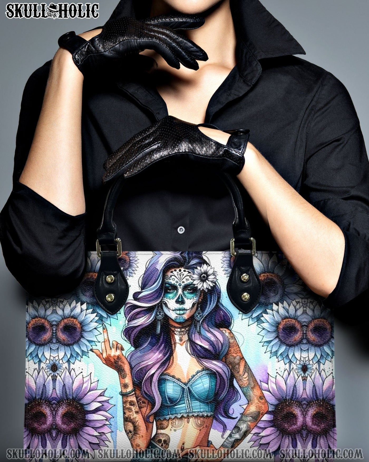 BLISSCORNERS SUGAR SKULL LADY FLOWER LEATHER HANDBAG