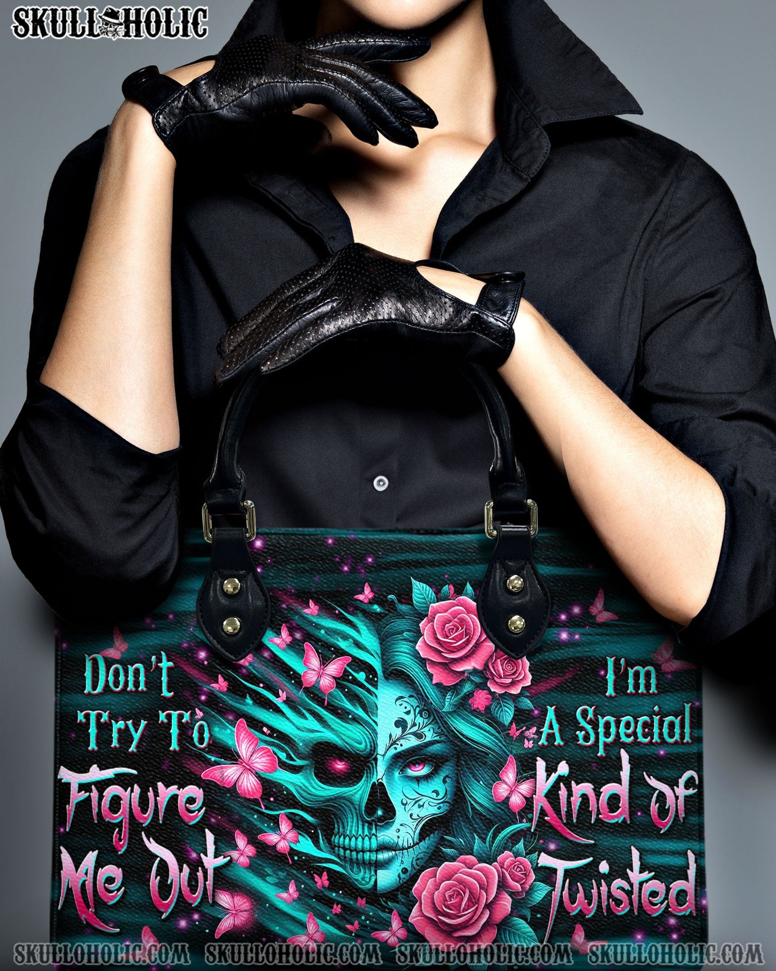 BLISSCORNERS DON'T TRY TO FIGURE ME OUT SKULL LADY LEATHER HANDBAG