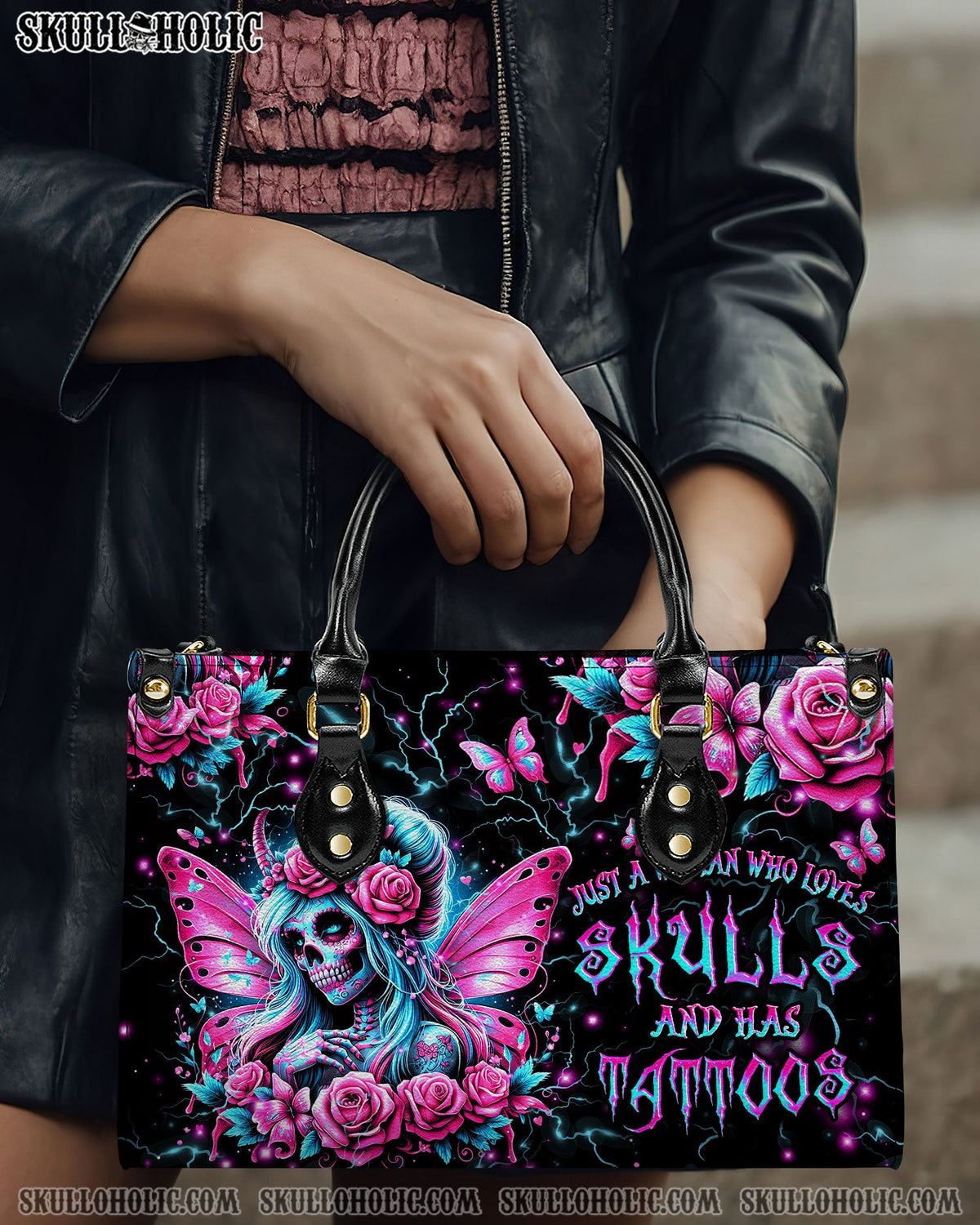 BLISSCORNERS JUST A WOMAN WHO LOVES SKULLS AND HAS TATTOOS LEATHER HANDBAG