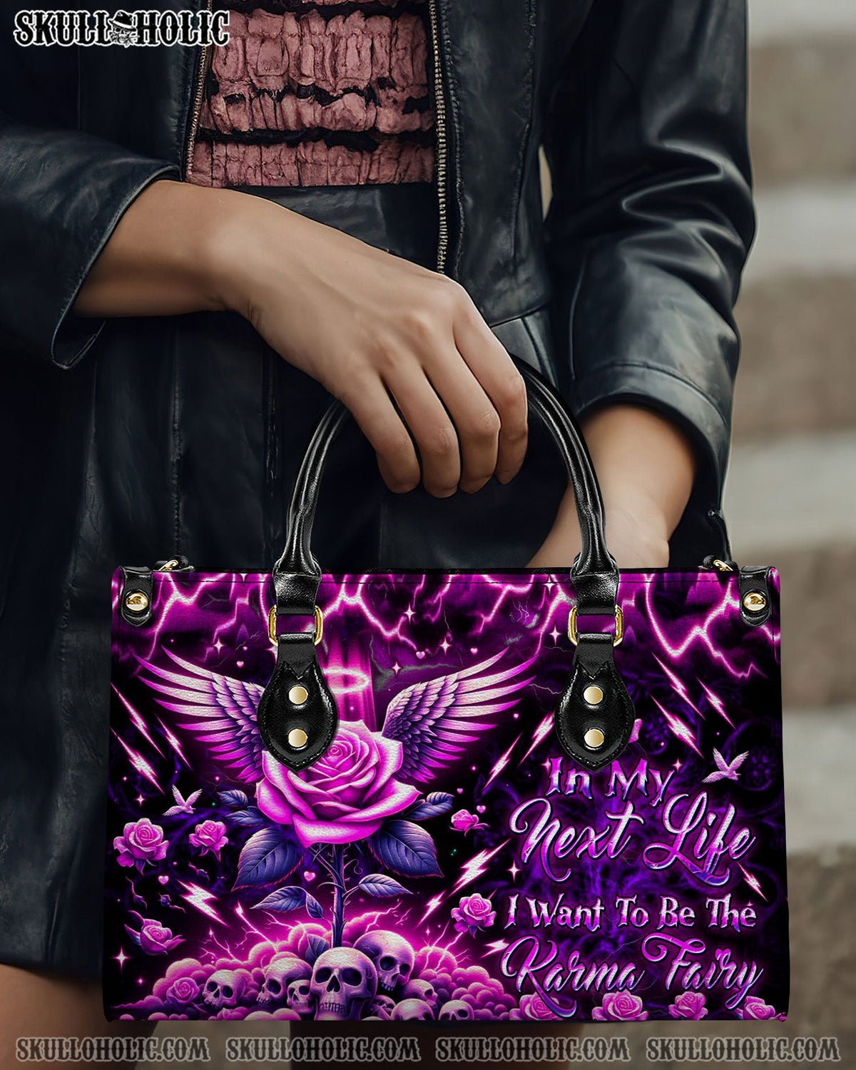BLISSCORNERS KARMA FAIRY SKULL ROSE WINGS LEATHER HANDBAG