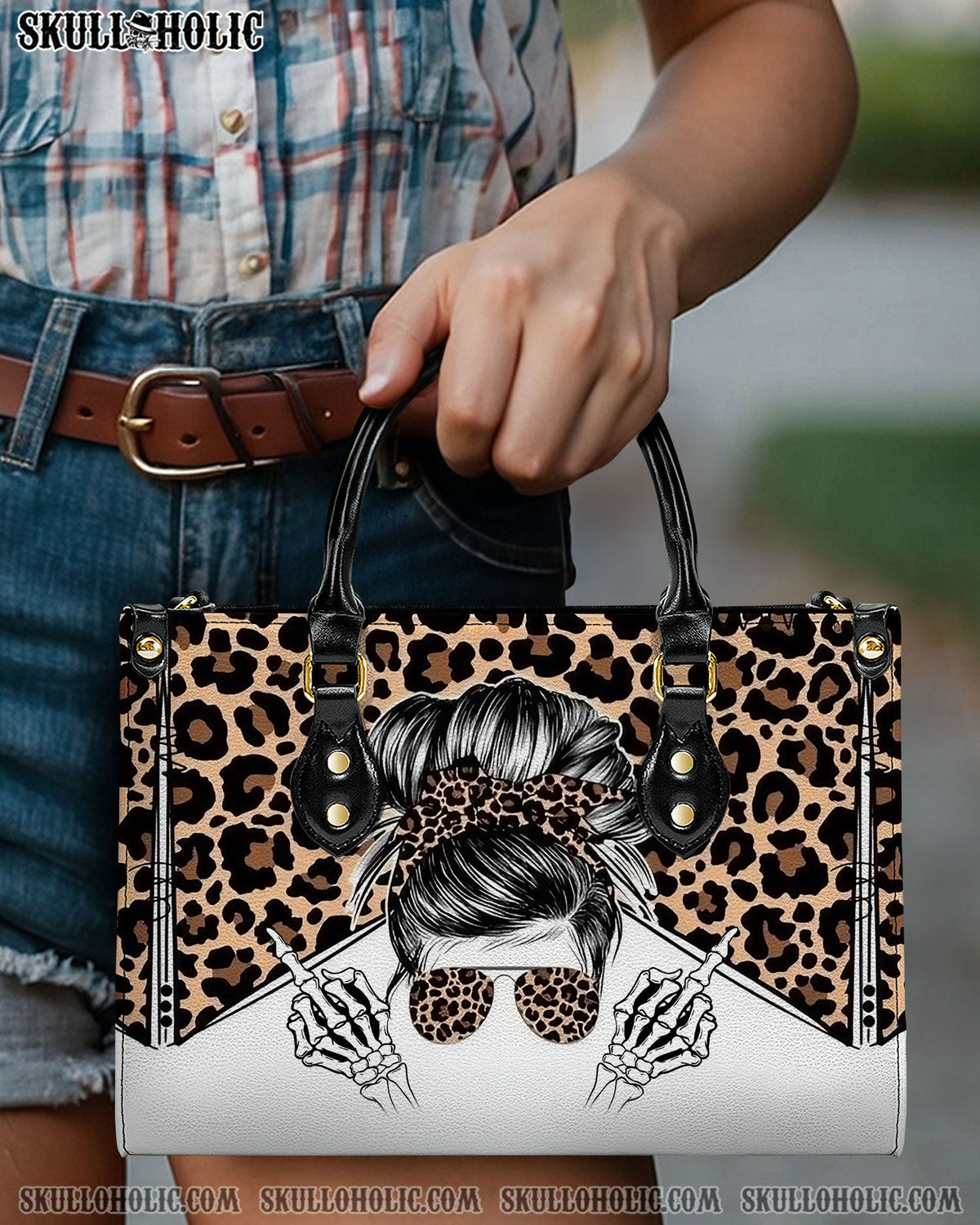 BLISSCORNERS MESSY BUN SKULL LEOPARD LEATHER HANDBAG