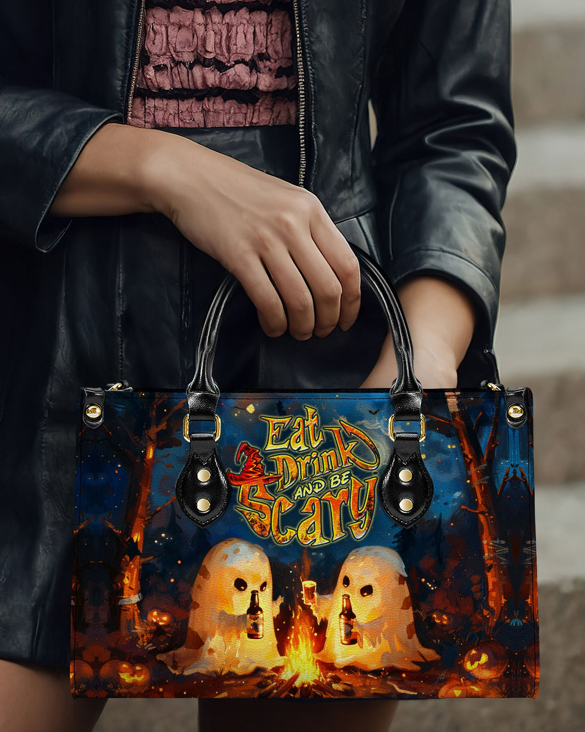 BLISSCORNERS EAT DRINK AND BE SCARY HALLOWEEN LEATHER HANDBAG