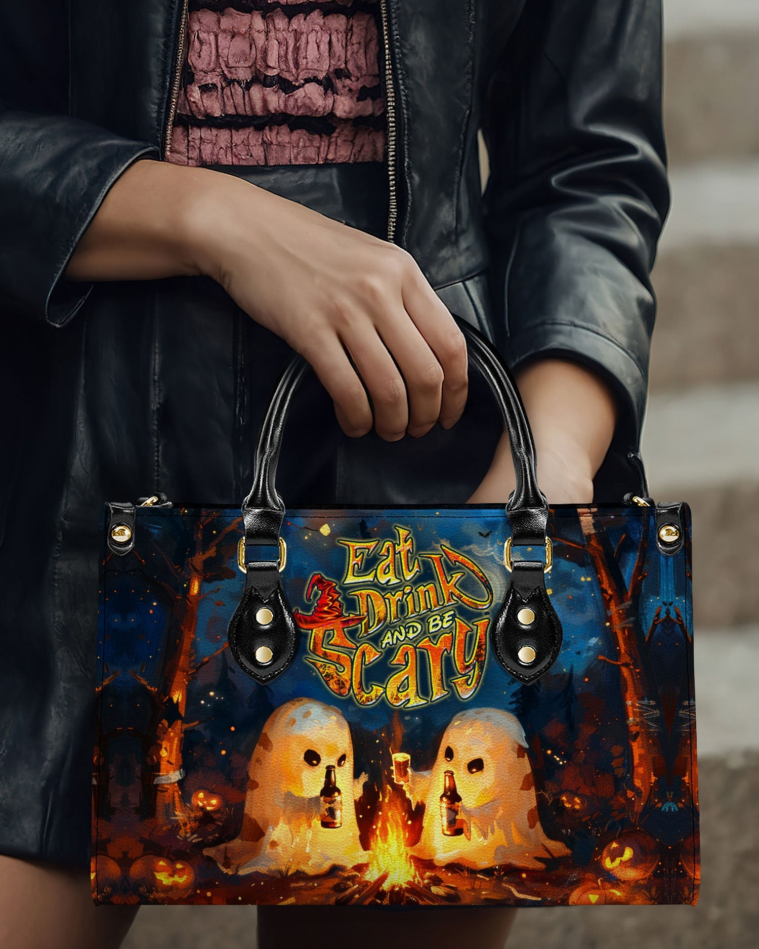 BLISSCORNERS EAT DRINK AND BE SCARY HALLOWEEN LEATHER HANDBAG