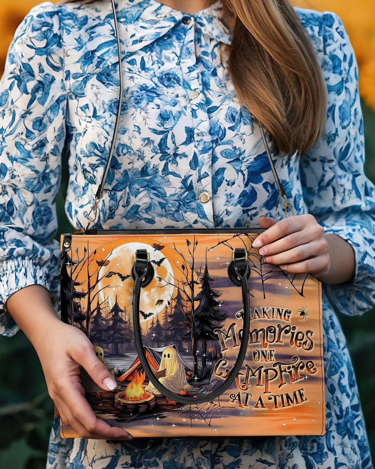 BLISSCORNERS MAKING MEMORIES ONE CAMPFIRE HALLOWEEN LEATHER HANDBAG