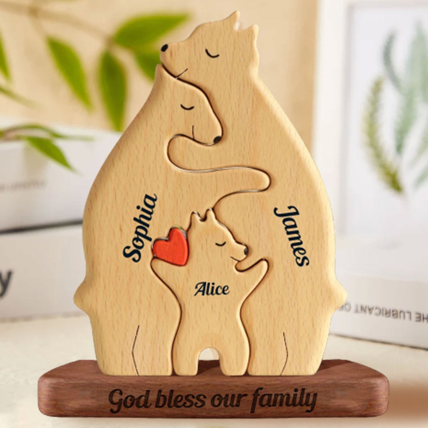 Blisscorners Personalized Bear Family Puzzle Wooden Add Base - Wooden Pet Carvings, Gift For Family, Gift For Couple2D Flat LM2111