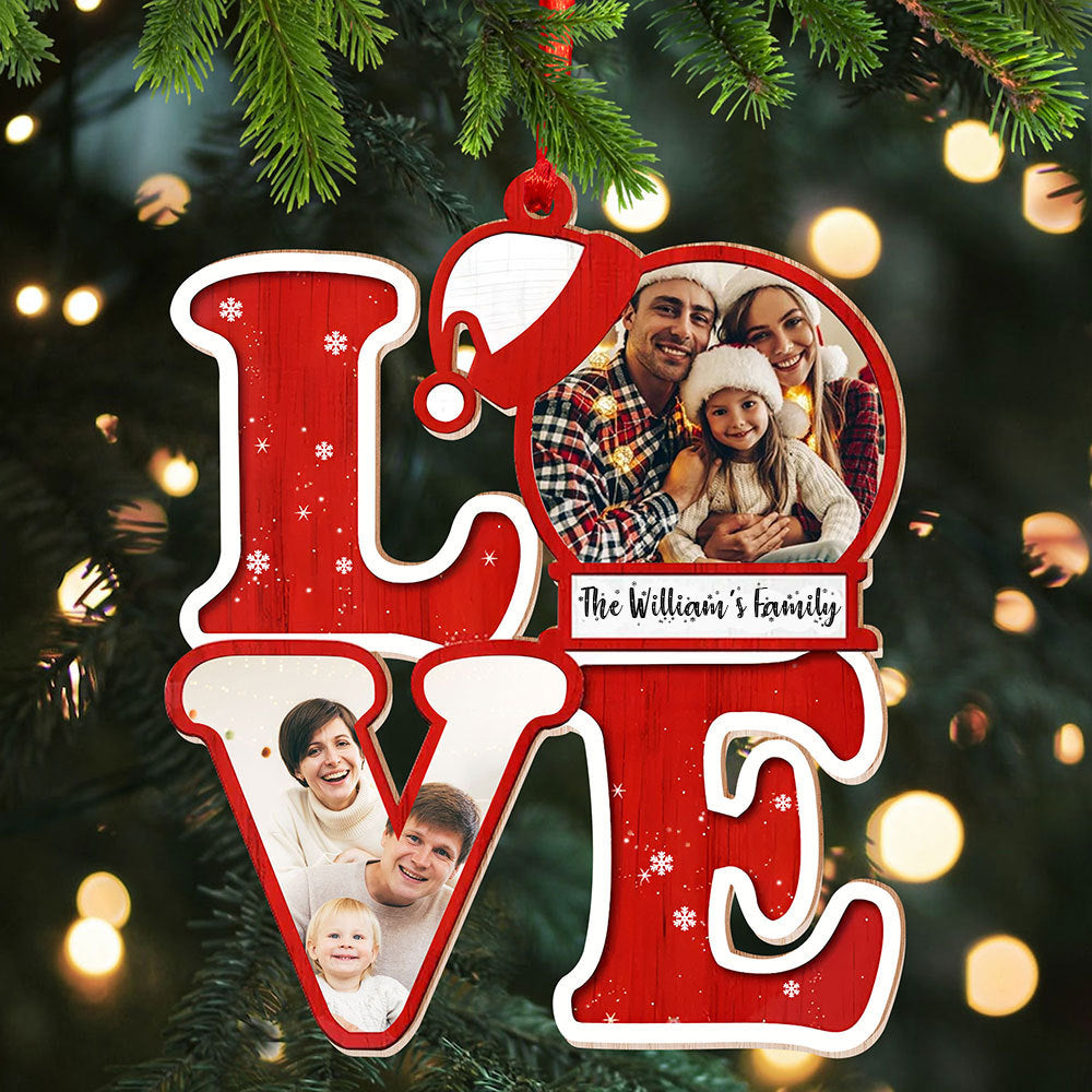 Blisscorners L.O.V.E For Christmas, Custom Photo And Family Name - Personalized Custom Shaped Wooden Ornament - Gift For Family2D Flat LM2111