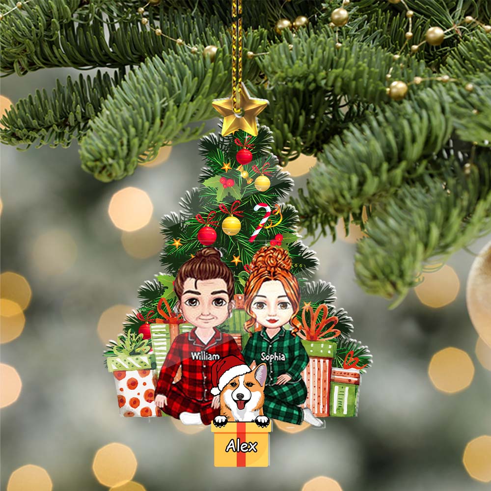 Blisscorners Christmas Couple Sitting With Pet, Custom Appearances And Names - Christmas Gift For Couple - Personalized Acrylic Ornament2D Flat LM2111