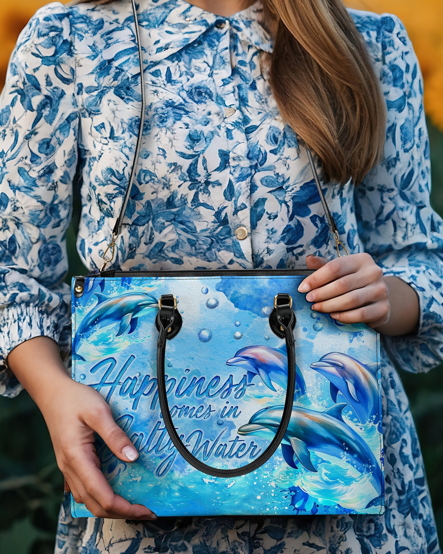 BLISSCORNERS HAPPINESS COMES IN SALTY WATER DOLPHIN LEATHER HANDBAG