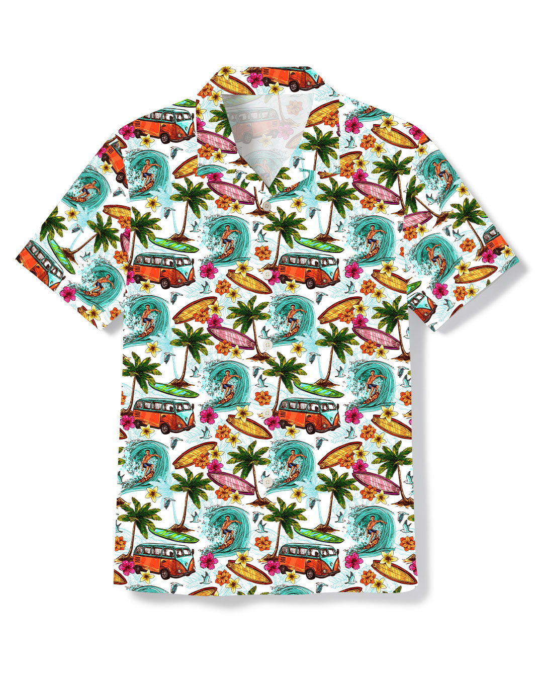 BLISSCORNERS CAMPING BUS SURF PALM TREES SEAMLESS HAWAIIAN SHIRT