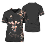 Blisscorners Personalized Nurse Shirt, Floral Caduceus with Angelic Wings Design