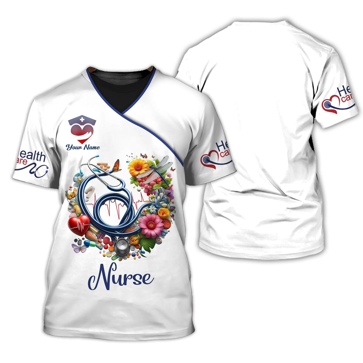 Blisscorners Personalized Nurse Shirts - Colorful Medical Elements Design for Healthcare Professionals