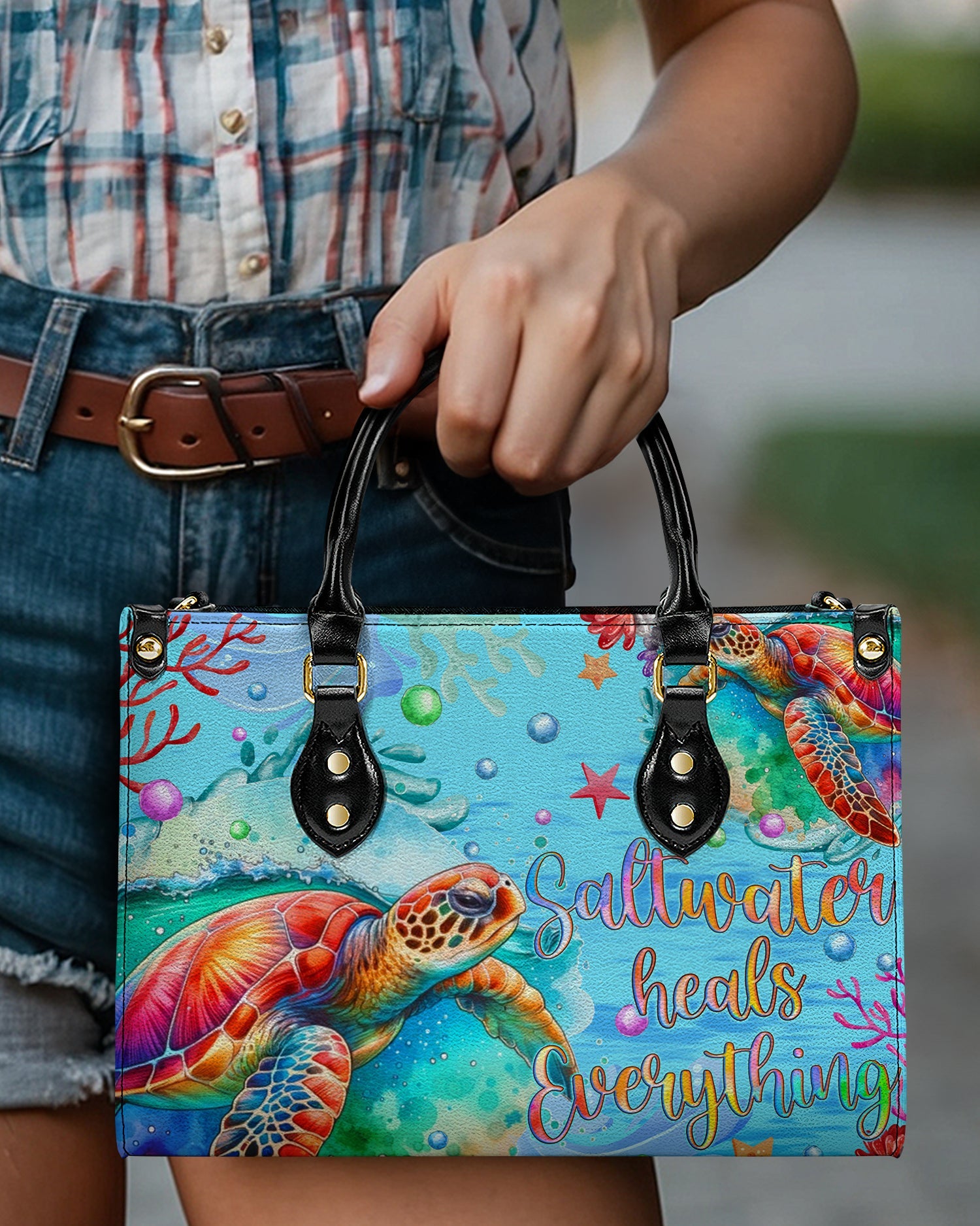BLISSCORNERS SALTWATER HEALS EVERYTHING TURTLE LEATHER HANDBAG