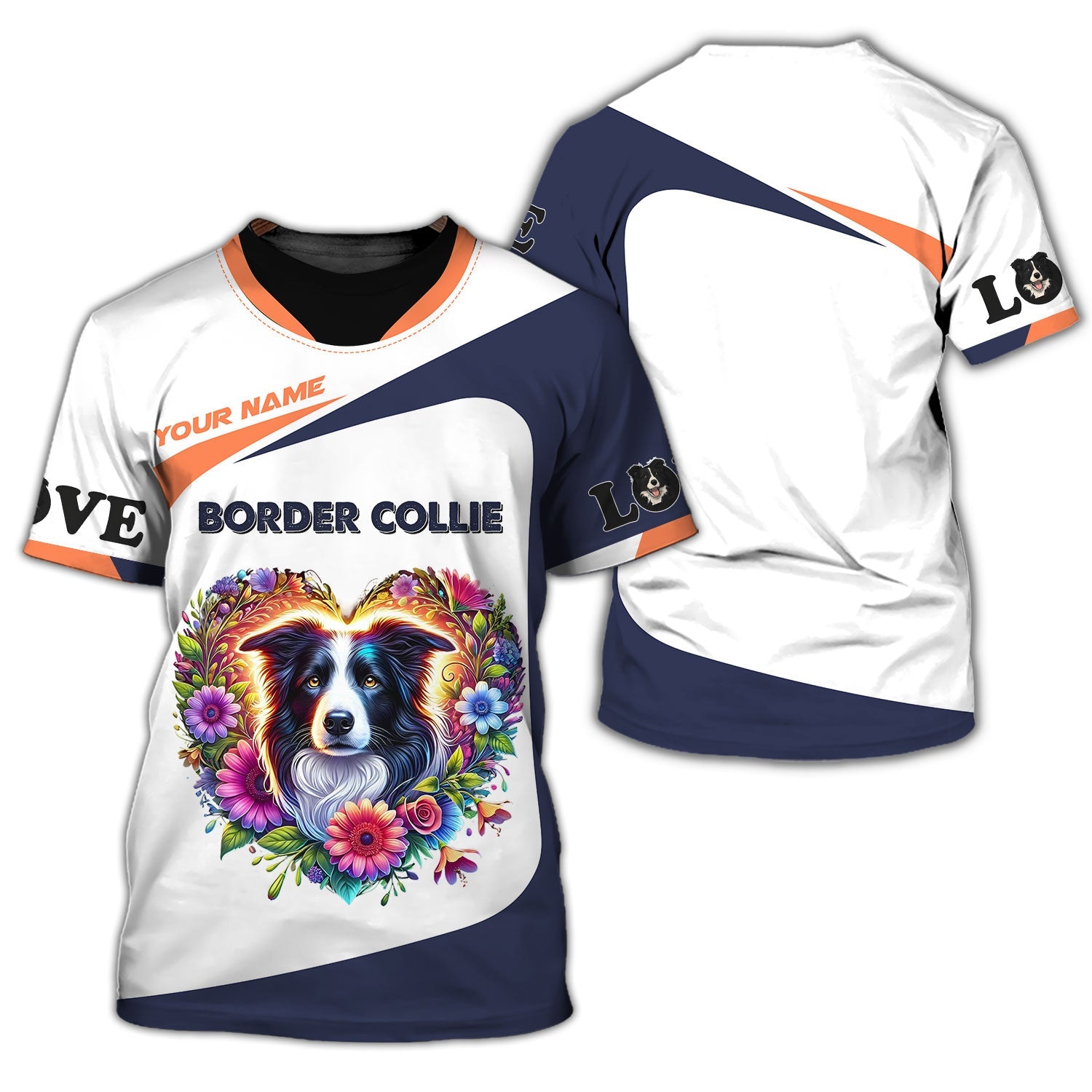 Blisscorners Personalized Border Collie Shirt - Vibrant Floral Heart Design