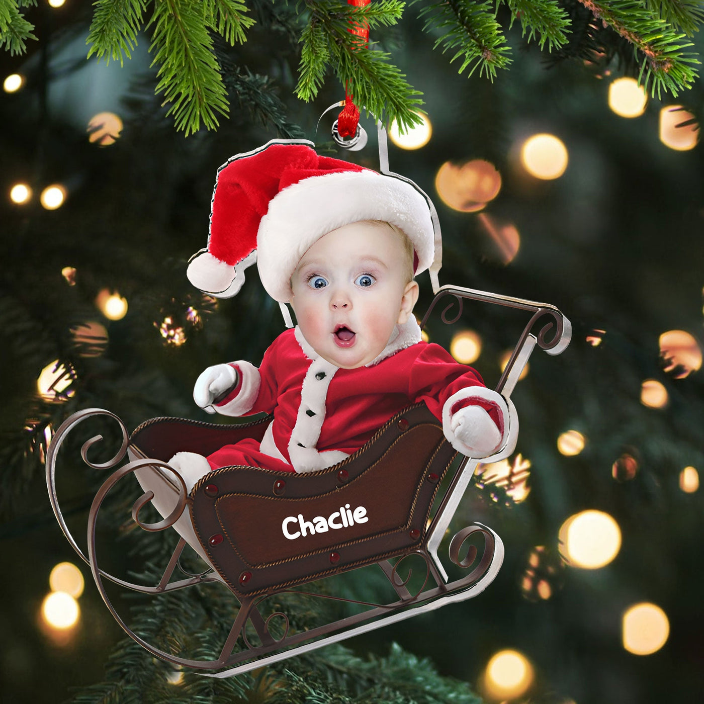 Blisscorners Baby In Christmas Sleigh - Custom Photo And Name, Personalized Acrylic Ornament - Gift For Christmas, Family Gift2D Flat LM2111