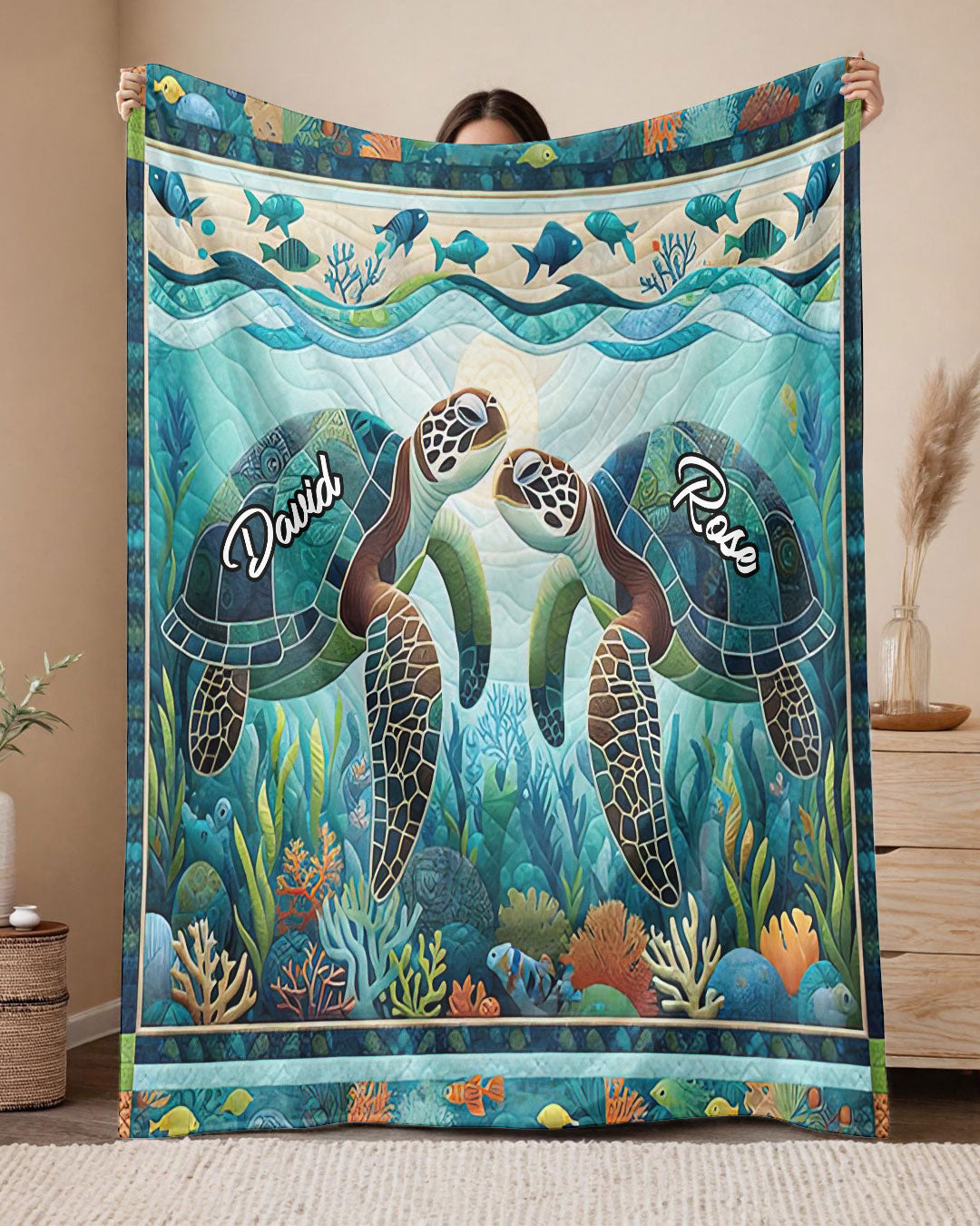 BLISSCORNERS PERSONALIZED TURTLE COUPLE FLEECE BLANKET