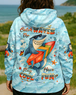 BLISSCORNERS CATCH THE WAVES STAY COOL HAVE FUN SHARK ALL OVER PRINT