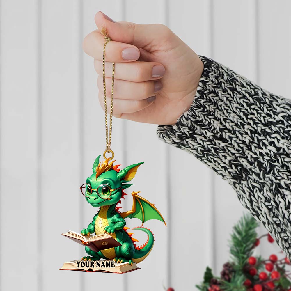 Blisscorners Custom Name Dragon Reading Books Ornament, Christmas Gift for Book Lover2D Flat LM2211