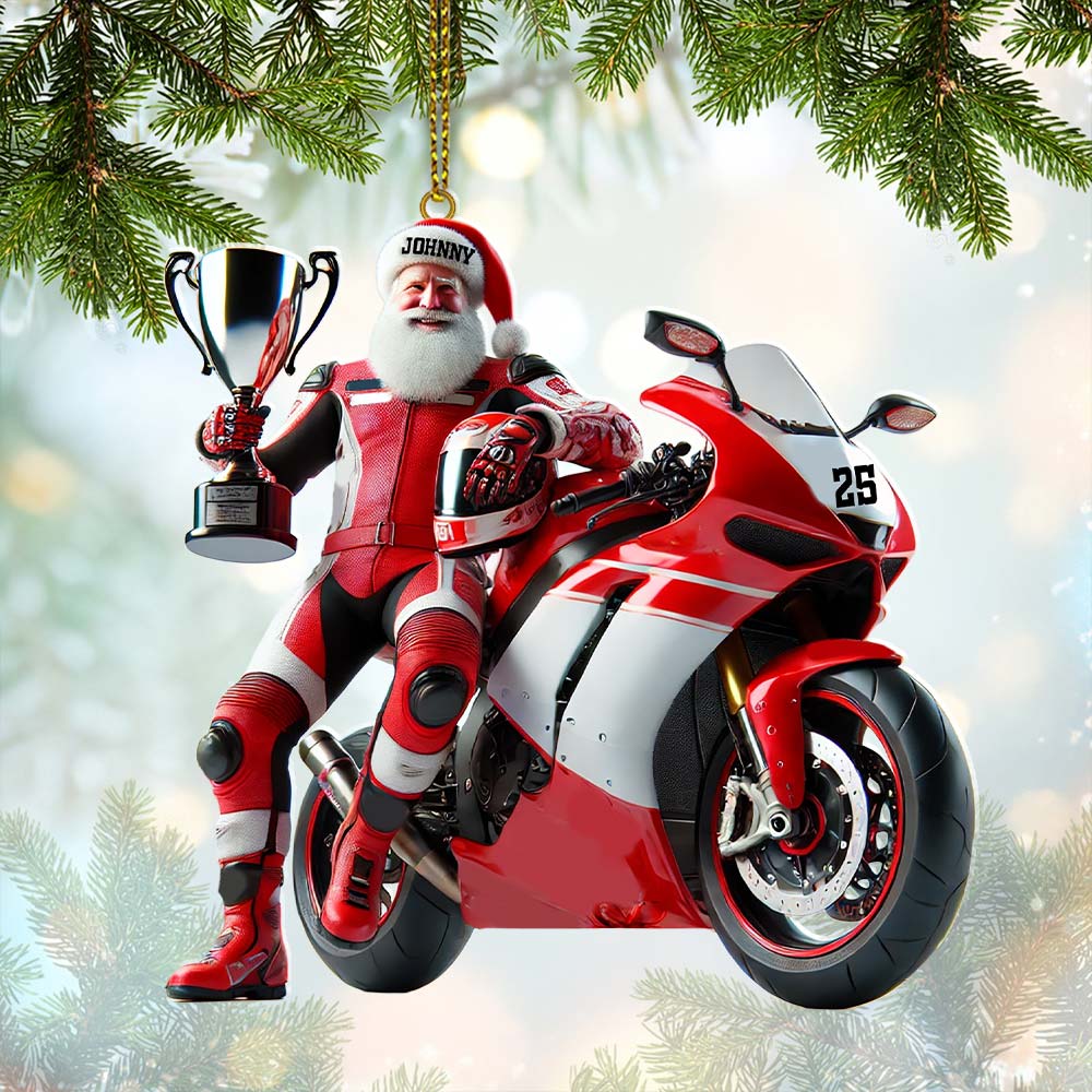 Blisscorners Custom Name and Number Santa Motorbike Ornament, Santa Christmas Gift2D Flat LM2111
