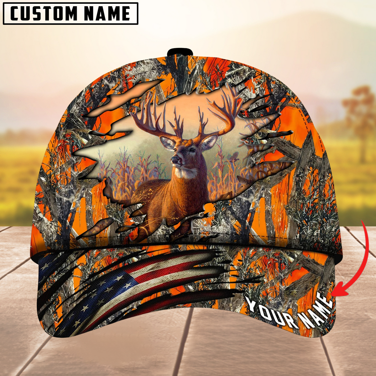 Blisscorners Deer Hunting USA Flag Crack Camouflage Pattern Multicolor Personalized Name 3D Cap