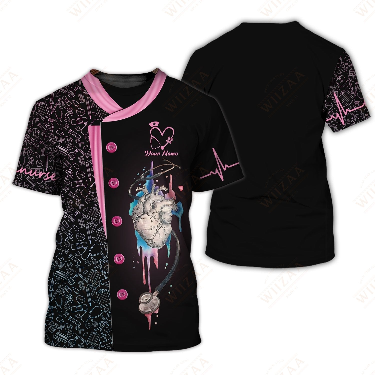 Blisscorners Personalized Nurse Shirt, Anatomical Heart with EKG Pulse Design