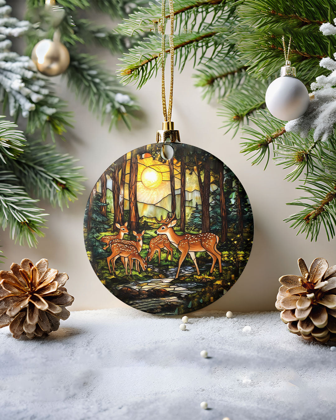 BLISSCORNERS DEER FAMILY STAINED GLASS ORNAMENT & KEYCHAIN