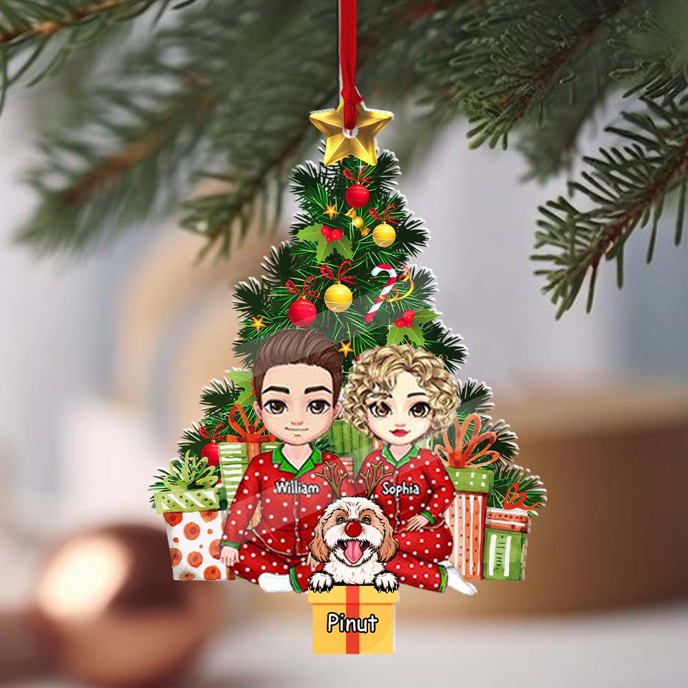 Blisscorners Christmas Couple Sitting With Pet, Custom Appearances And Names - Christmas Gift For Couple - Personalized Acrylic Ornament2D Flat LM2111