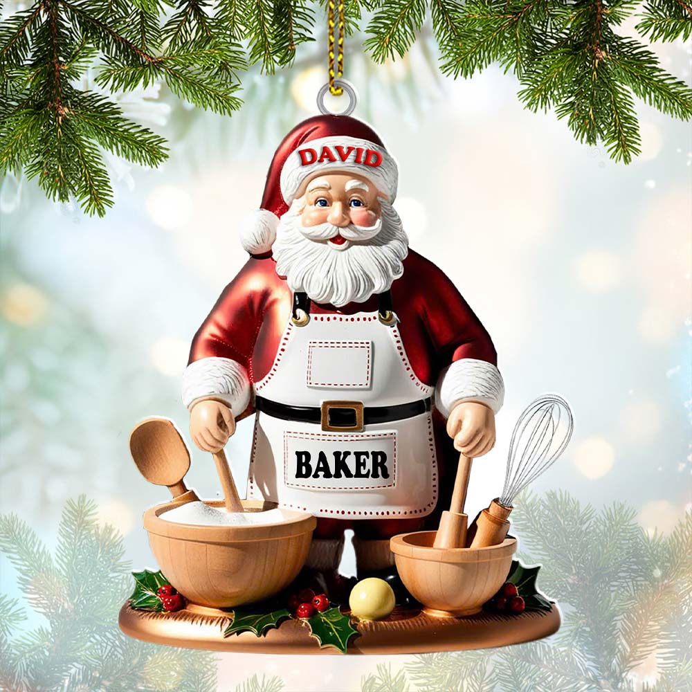 Blisscorners Custom Name Baking Santa Ornament, Christmas Gift for Baker2D Flat LM2211