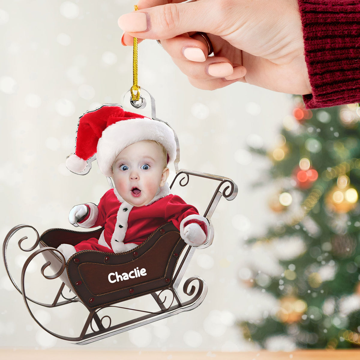 Blisscorners Baby In Christmas Sleigh - Custom Photo And Name, Personalized Acrylic Ornament - Gift For Christmas, Family Gift2D Flat LM2111