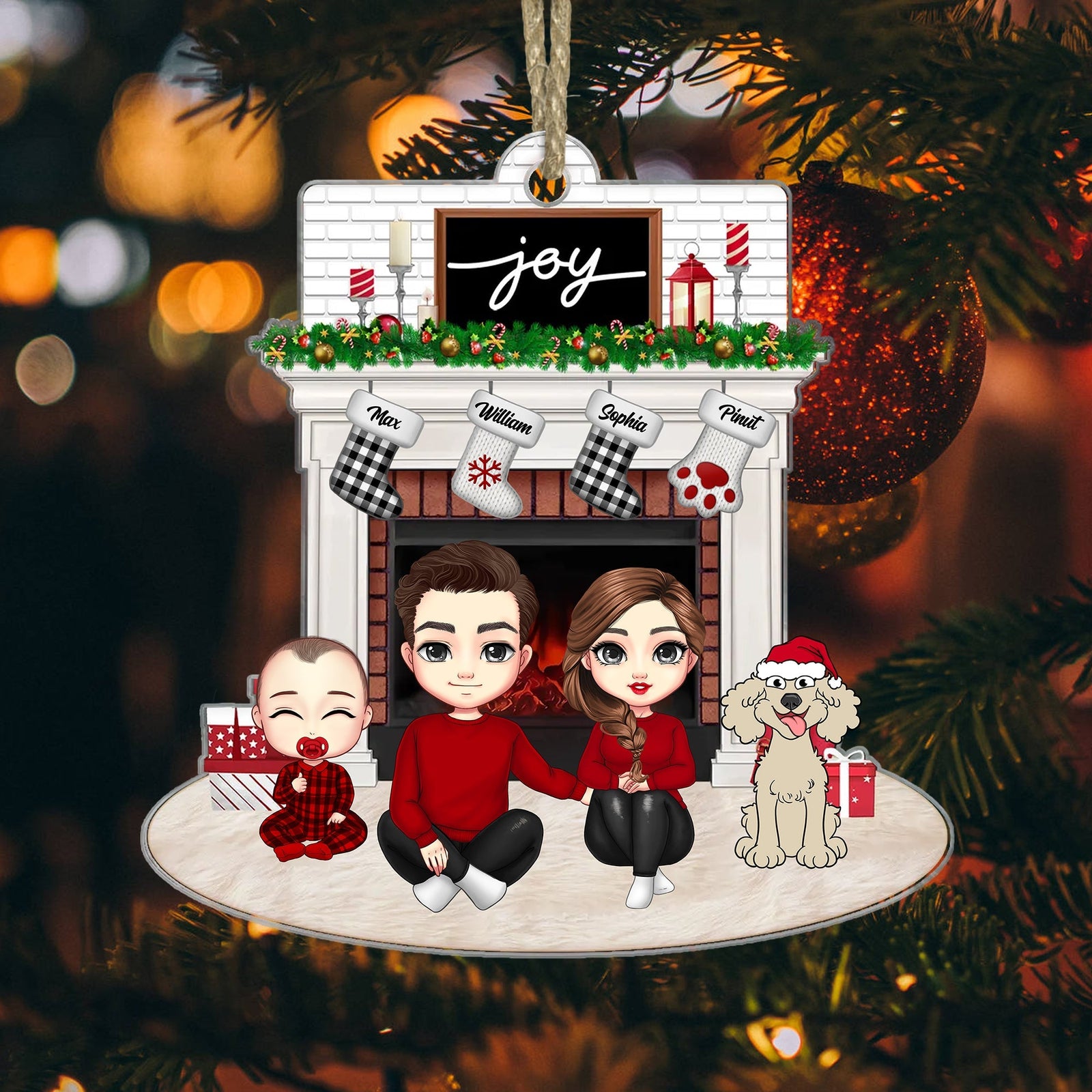 Blisscorners Joy Christmas Family By The Fireplace - Personalized Acrylic Ornament - Gift For Family, Xmas Gift2D Flat LM2111
