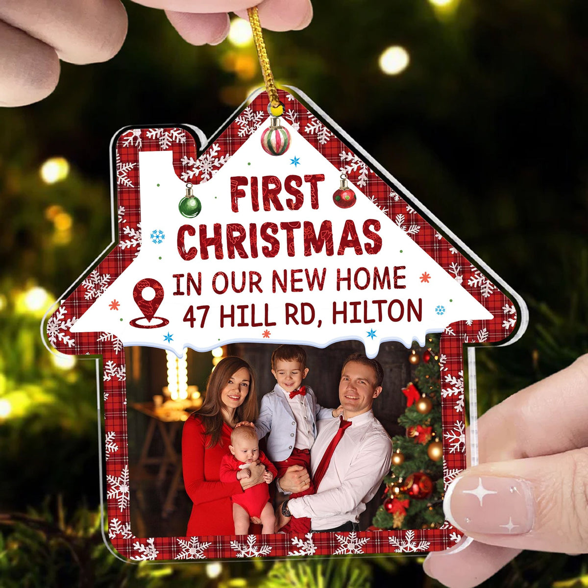 Blisscorners First Christmas In Our New Home - Custom Photo And Address, Personalized Acrylic Ornament - Gift For Christmas, Gift For Family2D Flat LM2111