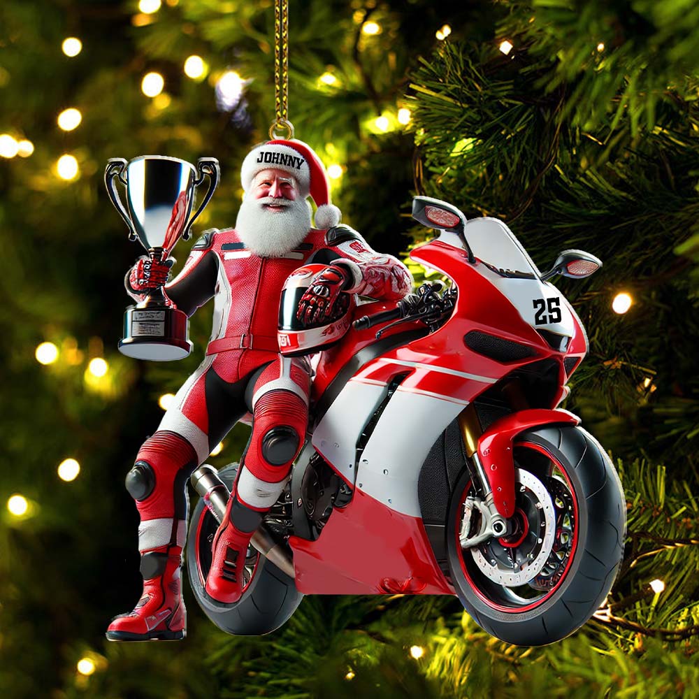 Blisscorners Custom Name and Number Santa Motorbike Ornament, Santa Christmas Gift2D Flat LM2111