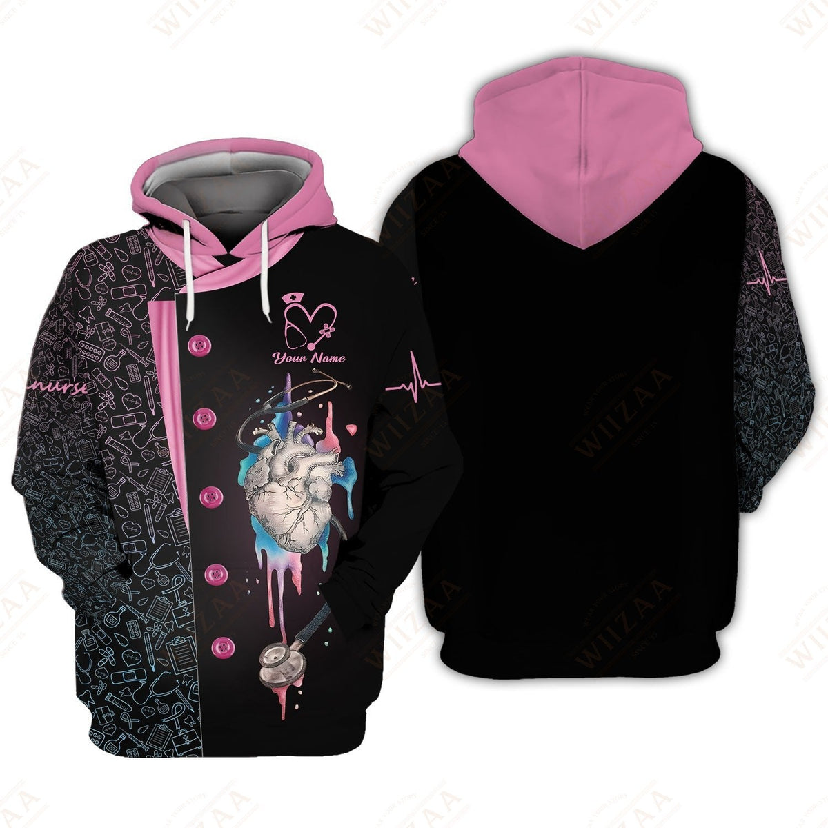 Blisscorners Personalized Nurse Shirt, Anatomical Heart with EKG Pulse Design