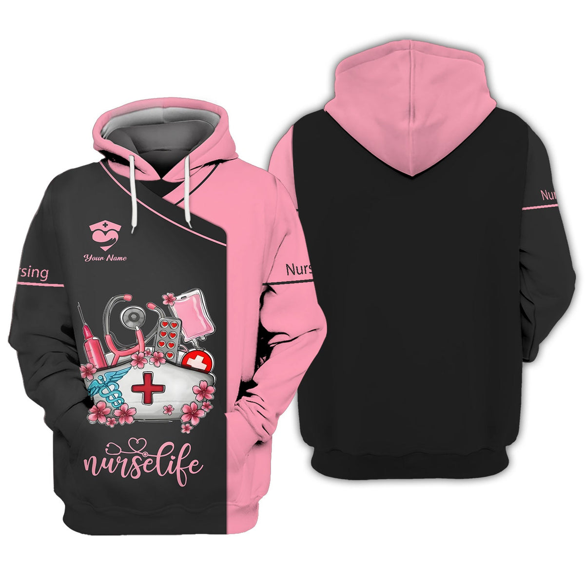 Blisscorners Personalized Nurse Shirt, 'Nurse Life' with Medical Motif in Pink and Black