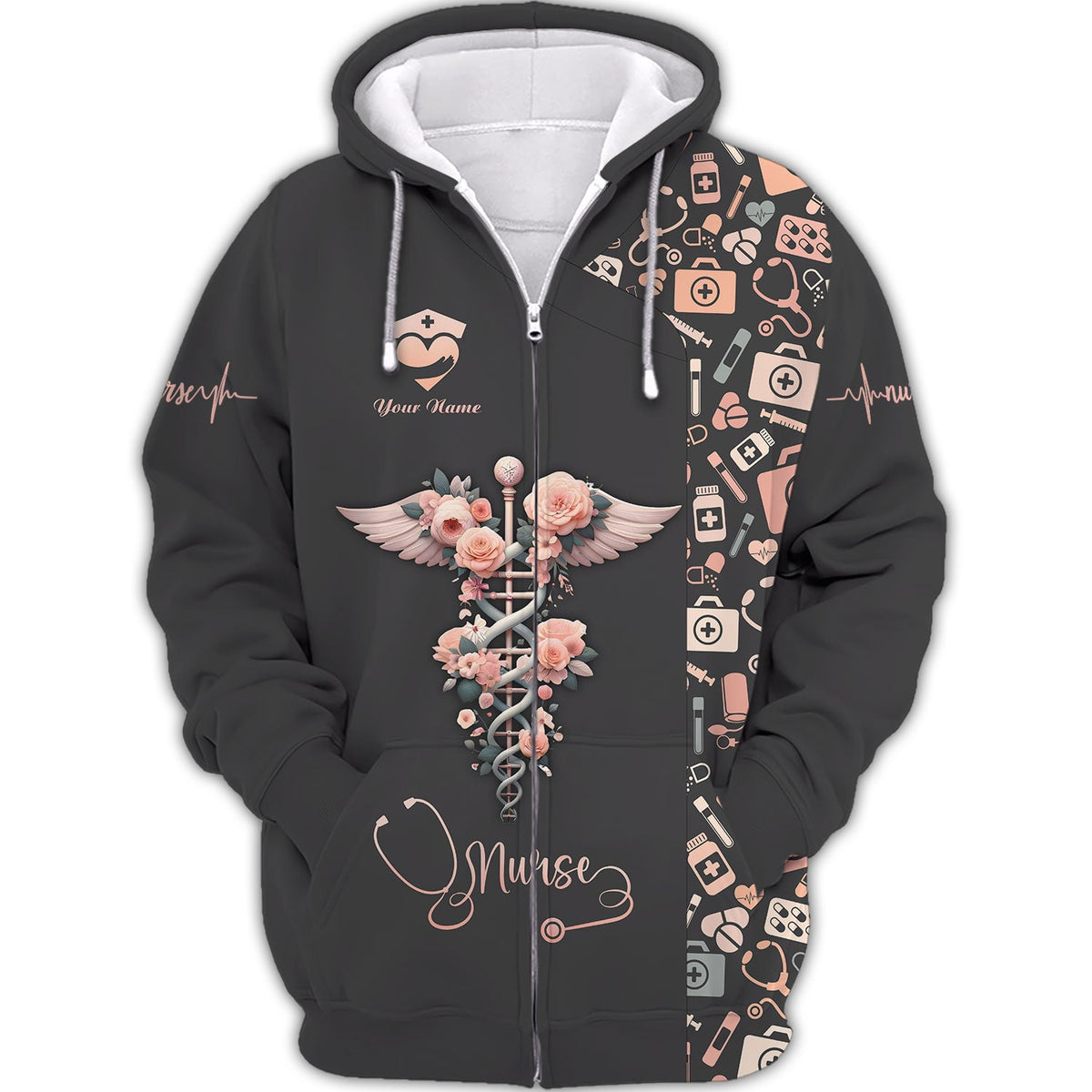 Blisscorners Personalized Nurse Shirt, Floral Caduceus with Angelic Wings Design