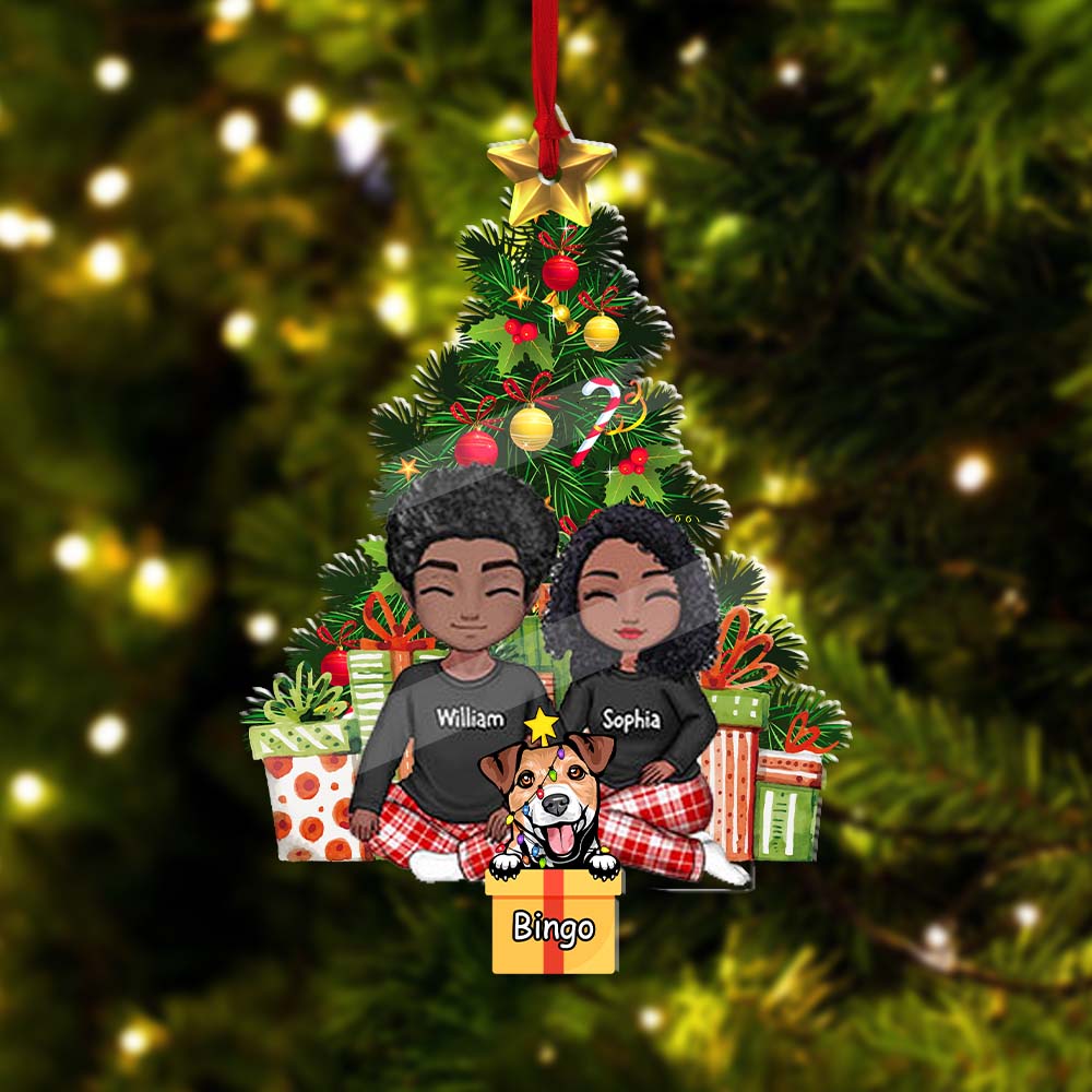 Blisscorners Christmas Couple Sitting With Pet, Custom Appearances And Names - Christmas Gift For Couple - Personalized Acrylic Ornament2D Flat LM2111