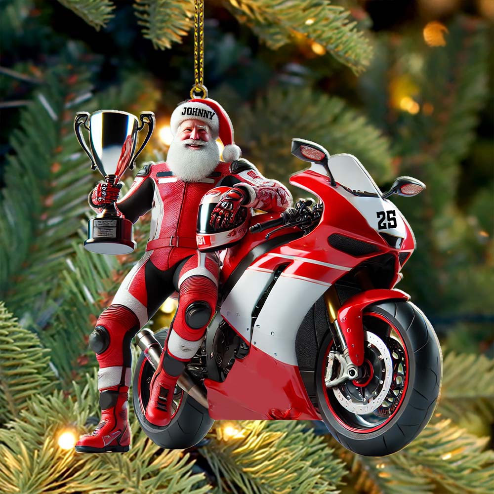 Blisscorners Custom Name and Number Santa Motorbike Ornament, Santa Christmas Gift2D Flat LM2111