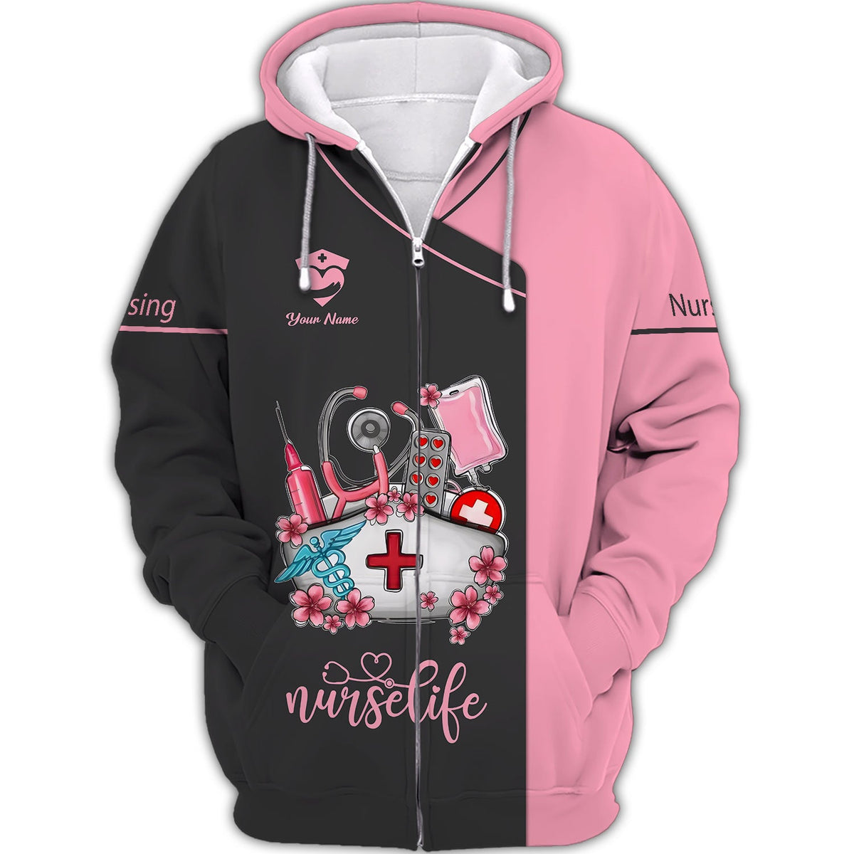 Blisscorners Personalized Nurse Shirt, 'Nurse Life' with Medical Motif in Pink and Black