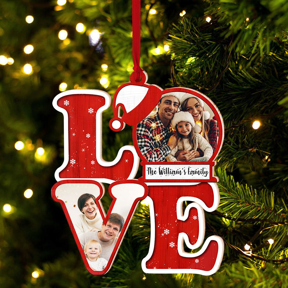Blisscorners L.O.V.E For Christmas, Custom Photo And Family Name - Personalized Custom Shaped Wooden Ornament - Gift For Family2D Flat LM2111